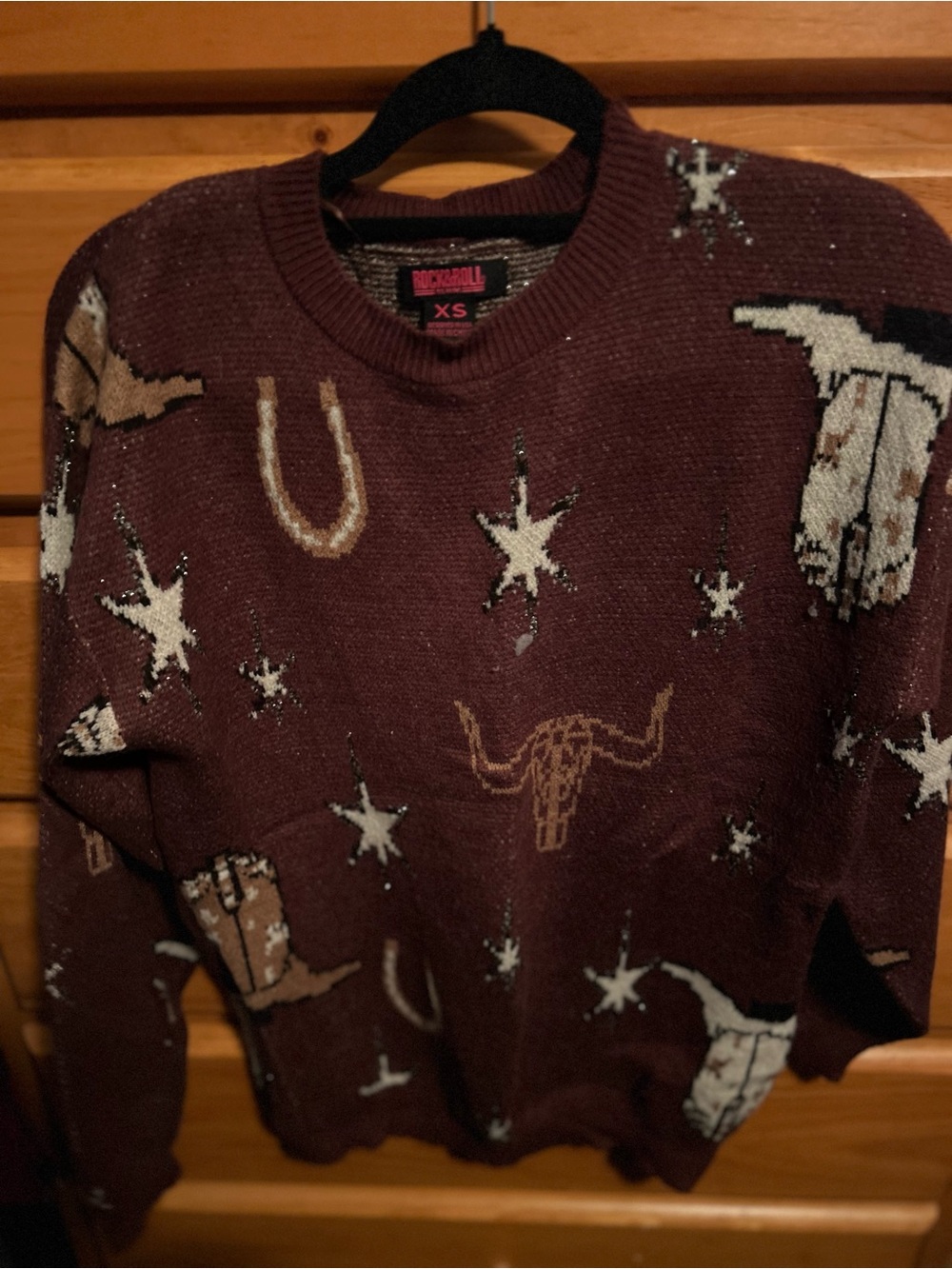 Rock & Roll Cowgirl Western Graphic Crewneck Sweater - Maroon Burgundy
